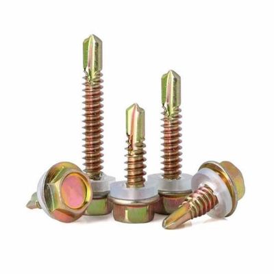 Wkręty samowiercące w kolorze żółtym, sześciokątne, ocynkowane z okrągłym uszczelnieniem